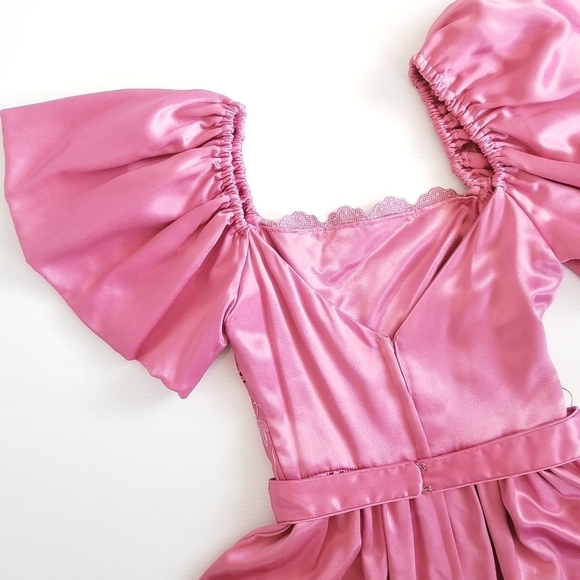 Vintage Union Made 80s Puff Sleeve Satin Pink Embrodiered Floral Midi Dress - Picture 11 of 16